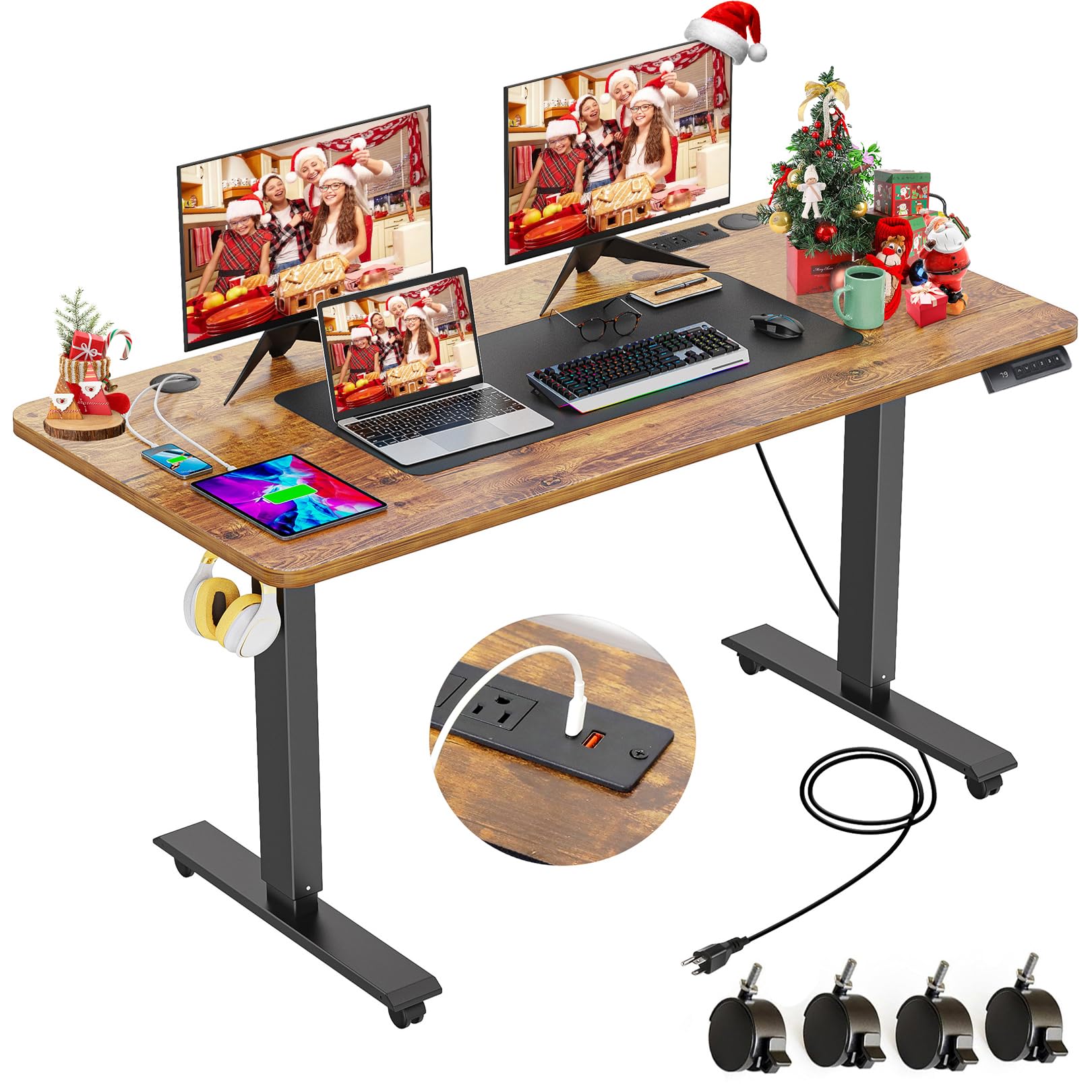 farexon Electric Standing Desk Adjustable Height Desk 55 x 24In with Charging Station, Stand up Desk with Oversized Mouse Pad, 4 Caster, 4 Preset Heights Easy to Set, 27''-45'' Lifting Range