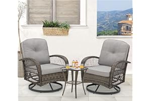 EROMMY 3 Pieces Outdoor Swivel Rocker Patio Chairs, 360 Degree Rocking Patio Conversation Set with Thickened Cushions and Glass Coffee Table for Backyard, Grey