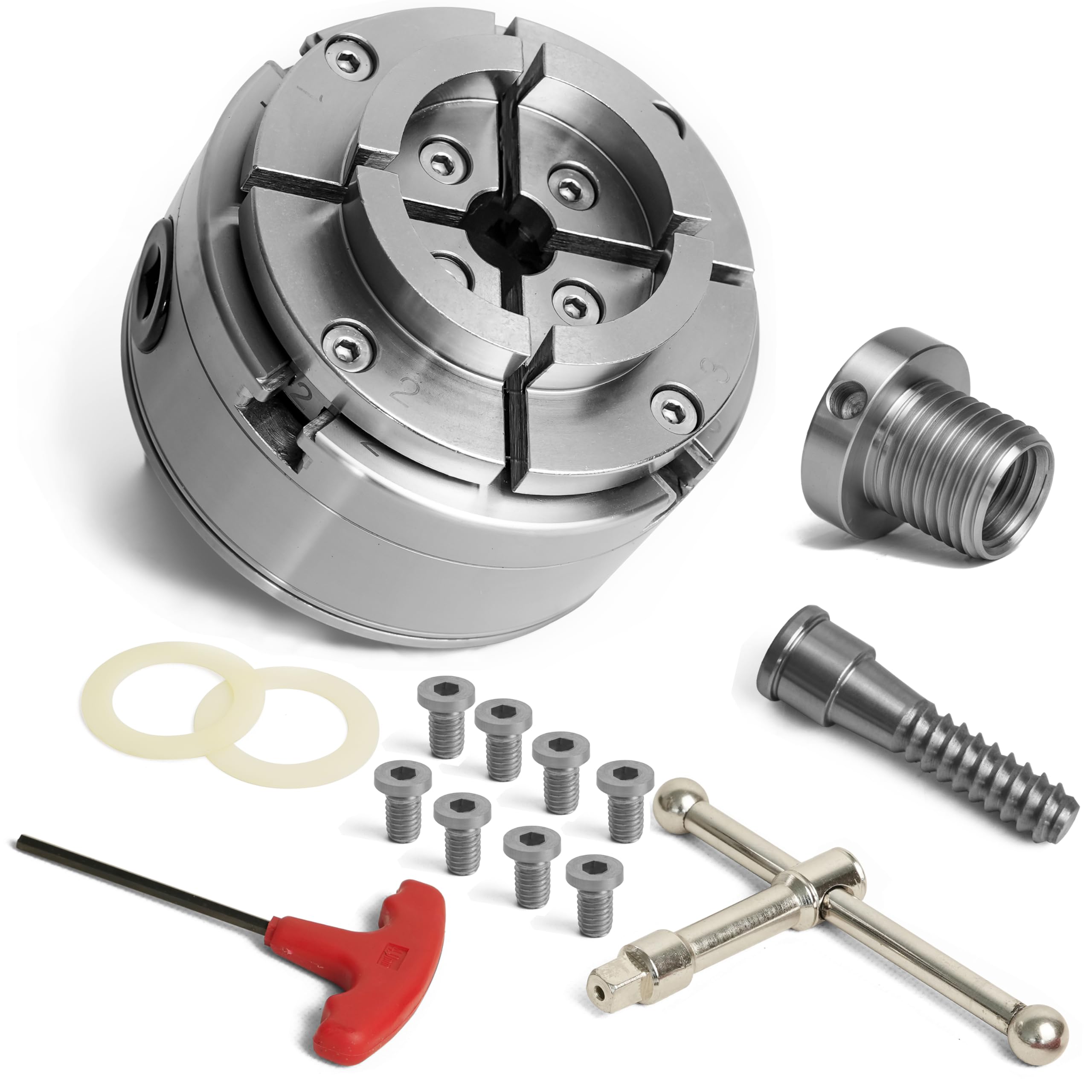 Photo 1 of 5.5" 4 Jaw Key Self-Centering Woodlathe Chuck, Thread 1-1/4"x8TPI", with Dovetail Jaws, Wood Screw, Thread adaptor to 1"x8TPI, Two Nylon Washers, Chuck Key and T Handle Key for Woodturning Lathe.