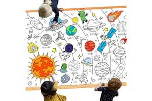 LEEZEAD Outer Space Coloring Poster, Large Space Coloring Tablecloth Solar System Space Themed Coloring Poster Table Cover Space Activity Poster for for Boys Girls Space Birthday Party Supplies