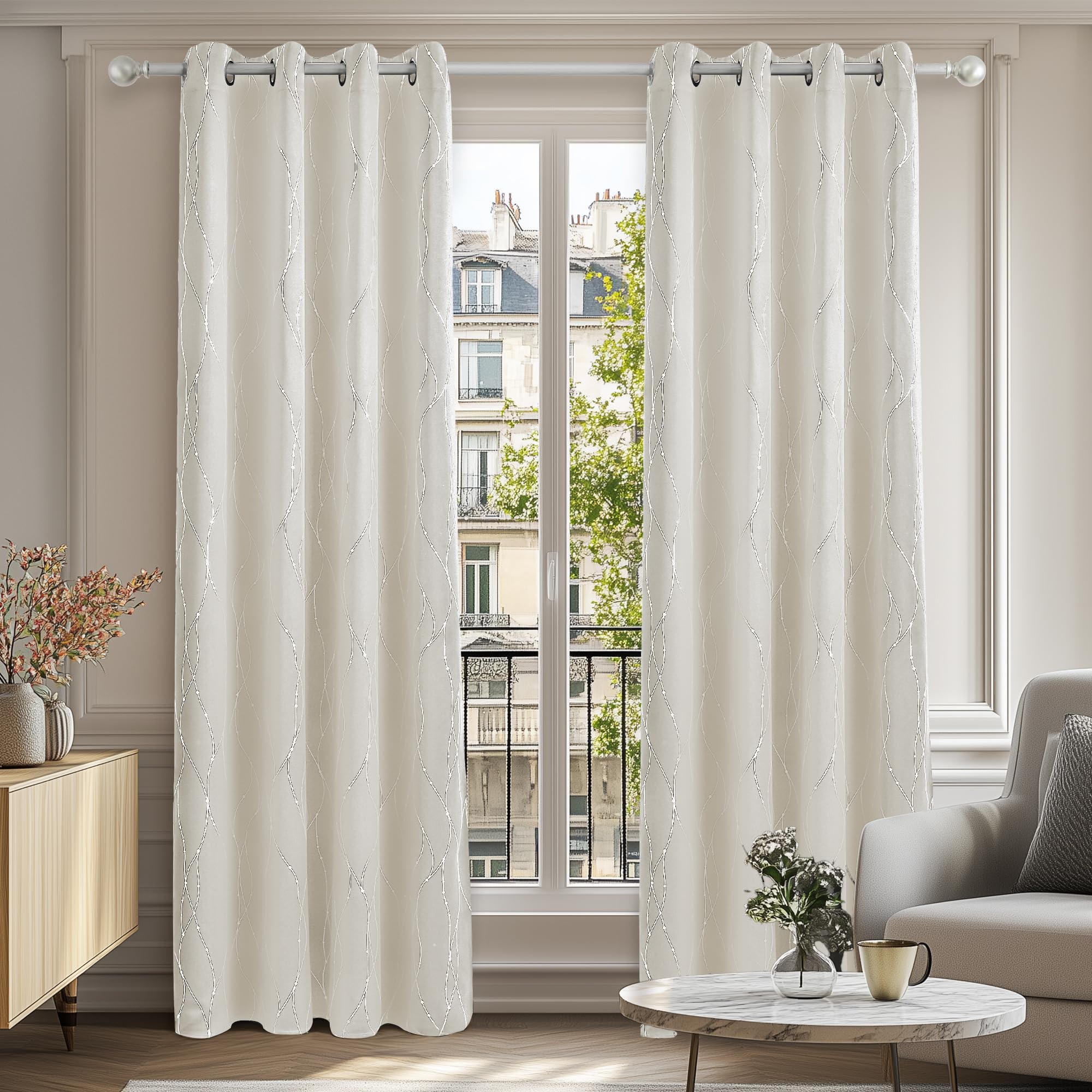 Deconovo Energy Saving Curtains Foil Dotted Line Printed Eyelet Curtains Blackout Curtains for Girls Bedroom Light Beige W55 xL96 One Pair — image 1