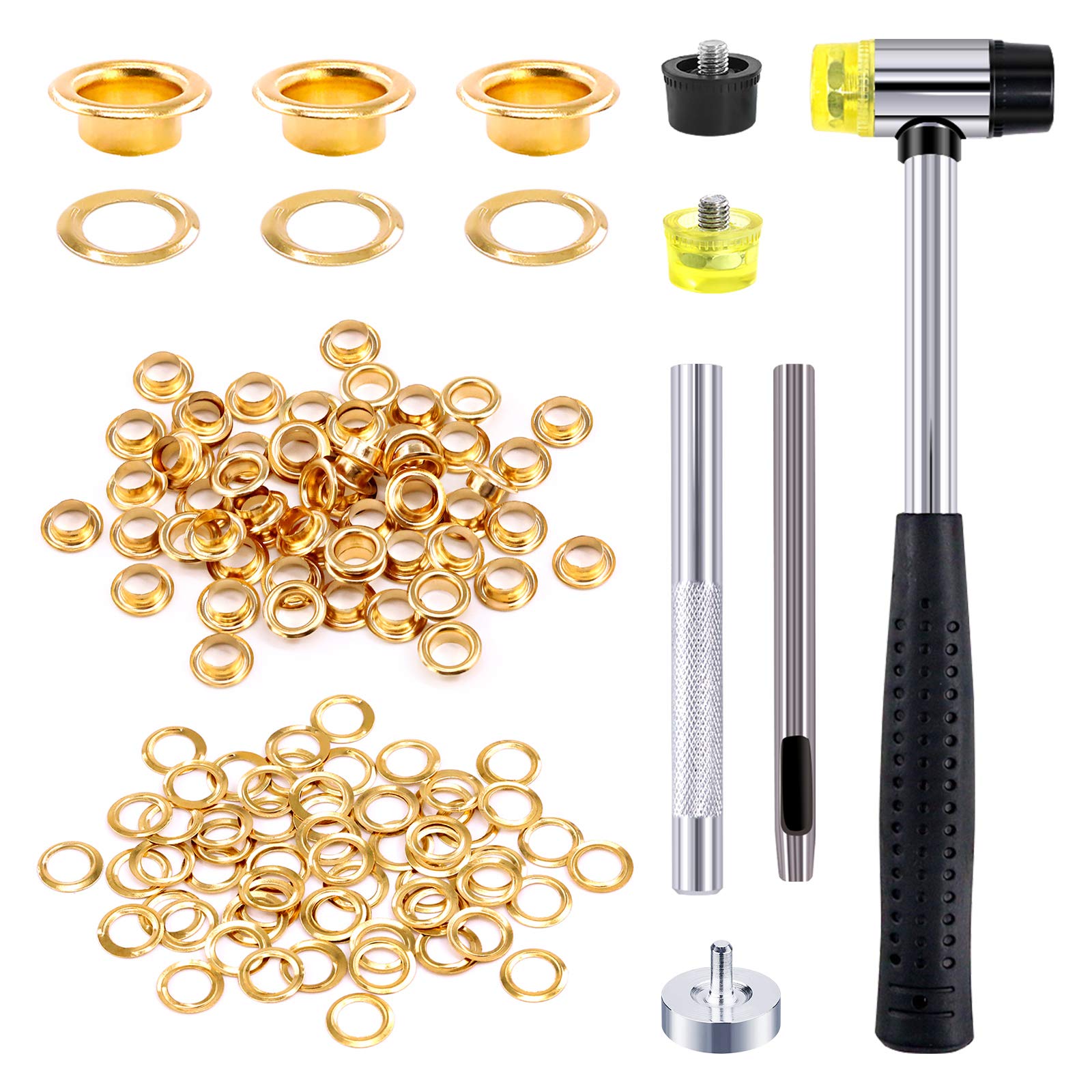 Rustark 200 Sets 1/4 Inch Gold Grommet Assortment Kit with 4 Pcs Setting Install Tool, 6mm Metal Eyelets Set in Storage Box for Clothes Shoes Bag Paper Leather Crafts DIY Projects (Gold)