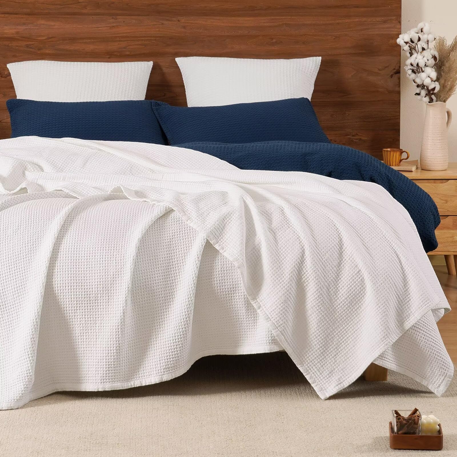 Photo 1 of PHF 100% Cotton Waffle Muslin Blanket Queen Size, 90" x 90" Lightweight and Breathable Washed Cotton Blanket, Aesthetic Soft Muslin Waffle Bedding for Sofa Bed Home Decor, White
