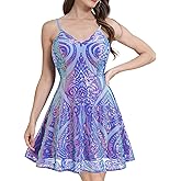 ODIZLI Women's Spaghetti Straps Sparkly Sequins A Line Swing Party Nightclub Dance Mini Dress Above Knee Length