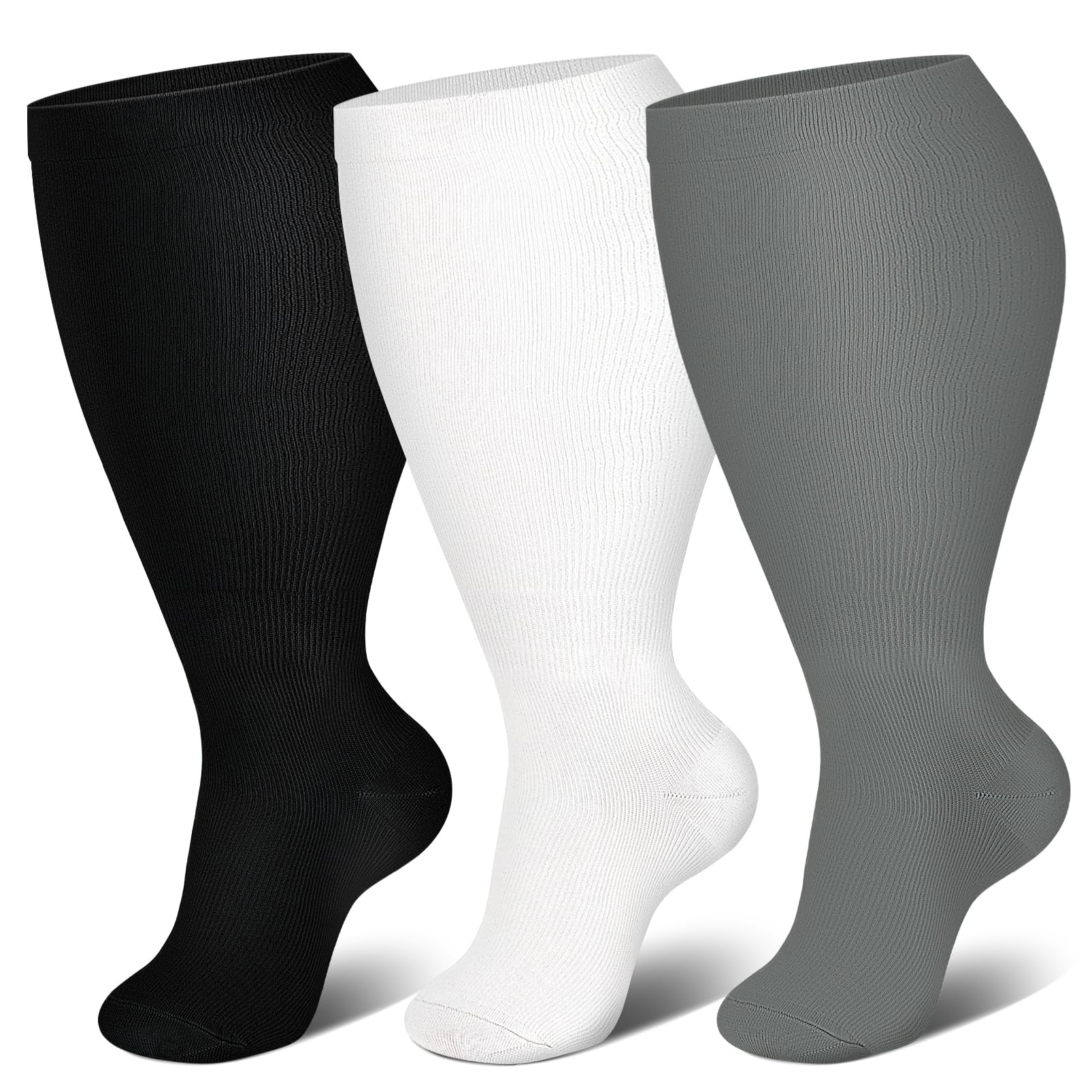 Photo 1 of 3 Packs Wide Calf Compression Socks for Women Men Knee Hight Plus Size Extra Graduated Stocking Calcetas Medias Para Mujer Big Travel Flight Sports Excise New Mom Birth Gifts Black White Gray 3XL