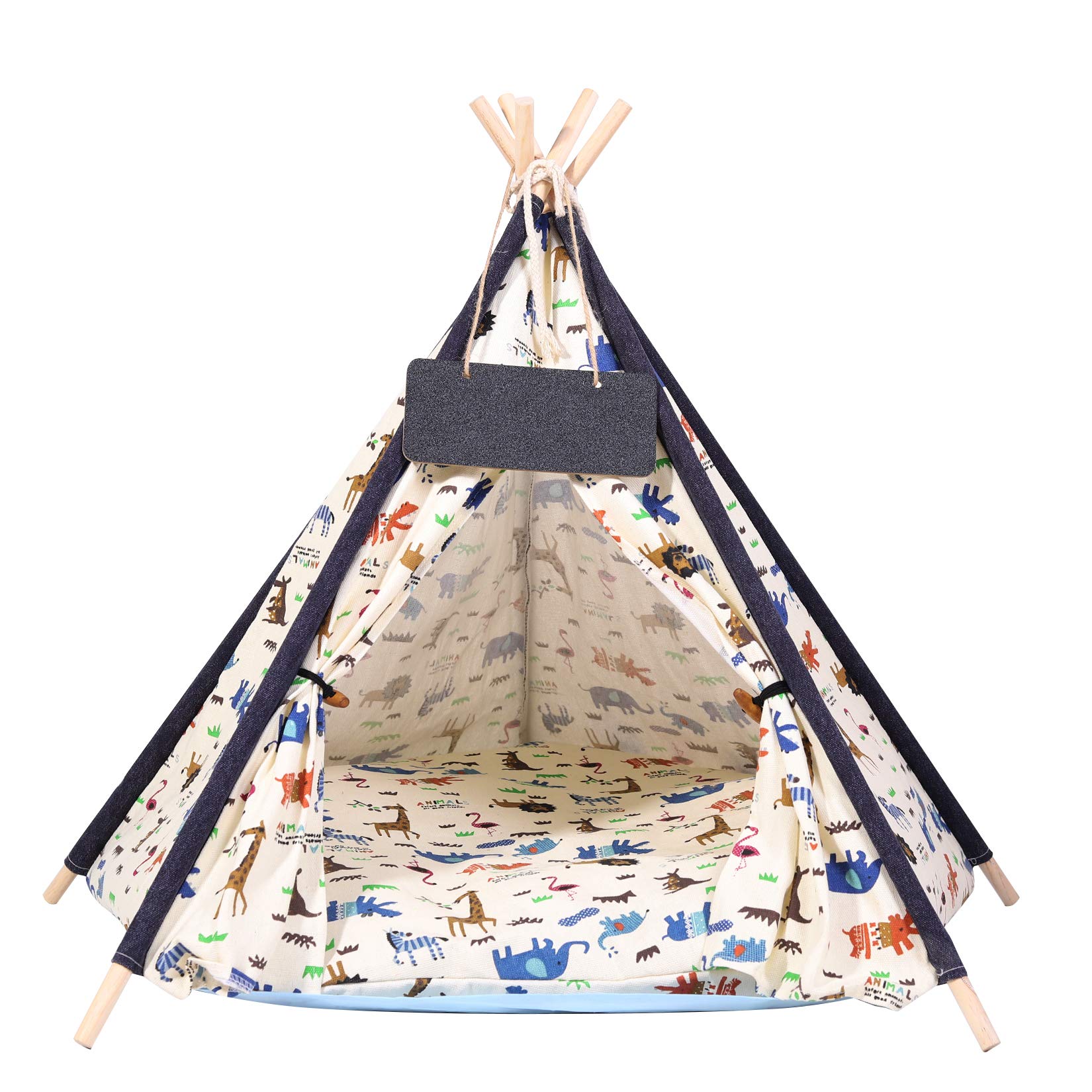 BingoPaw Dog Tent Teepee Bed: Large Pet House Teepee Cat Play Tents Indoor with Removable Cushion - Washable Canvas Puppy Play Kennel Canopy L(84X84X87cm)