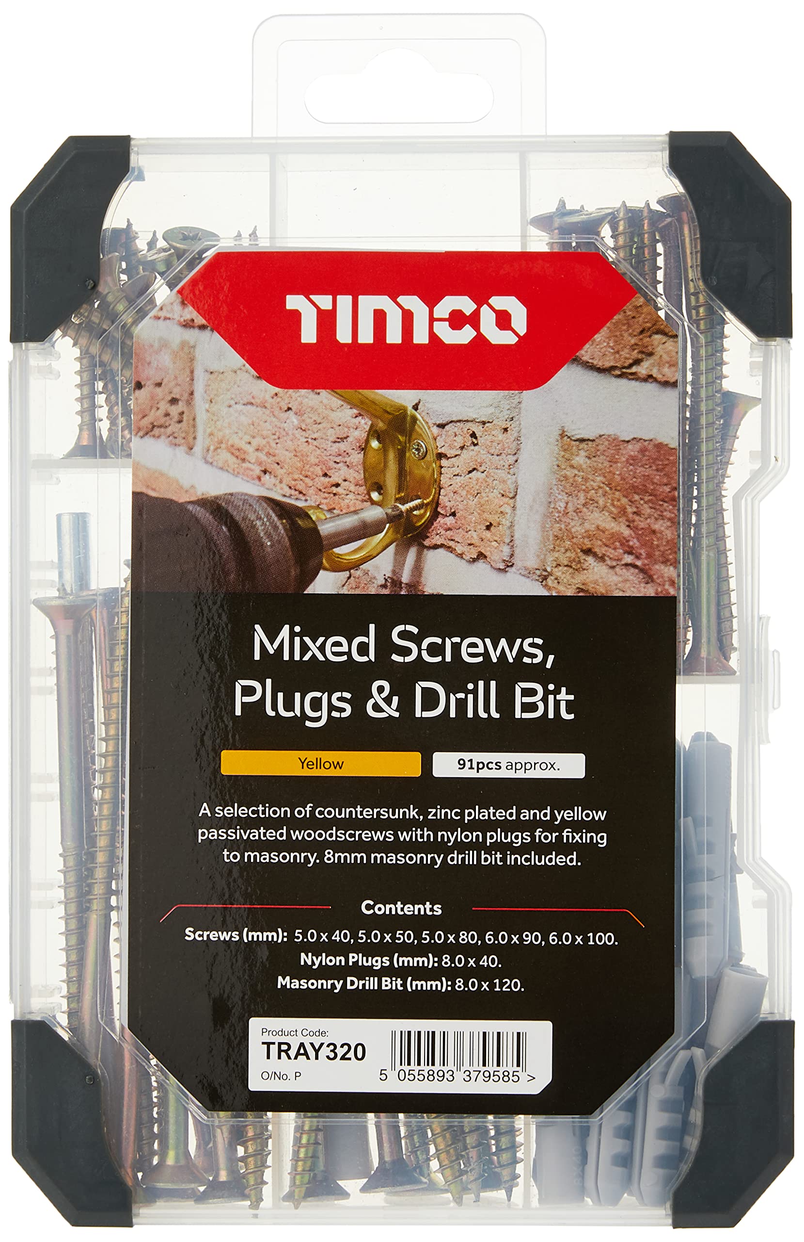 TIMCO Mixed Tray - Screws Plug & Drill Bit - Yellow - 91pcs - A Selection of countersunk, zinc Plated and Yellow passivated woodscrews with Nylon Plugs for Fixing to Masonry