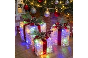 SANHSEHOME Set of 3 Christmas Lighted Gift Boxes, 60 LED Light Up Present Boxes for Christmas Decorations Indoor Outdoor Yard Xmas Tree Holiday Party Lawn Porch Home Decor(Multicolor)