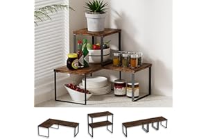 Golener Countertop Organizer Corner Shelf, 2 Tier Adjustable Stackable Corner Shelves for Kitchen, Bathroom, Spice Rack, Coffee Area, Cabinet, Dresser Table, Corner Counter Shelf Stand, Rustic Brown