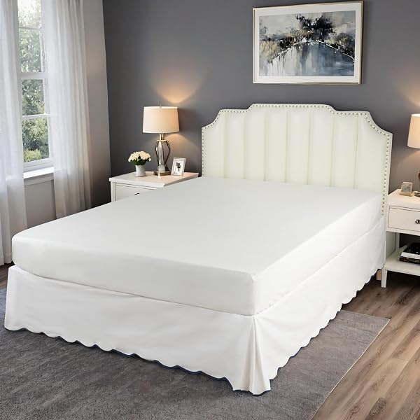 HIG OFF WHITE CHIC KING BED SKIRT – EASY FIT SCALLOP EDGE PLEATED BEDSKIRTS, 14 INCH DROP ANTI-SLIP DUST RUFFLE, THICK FABRIC FOR ENHANCED PRIVACY, PRE-WASHED FOR LONG-LASTING USE(N60022)