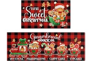 Xsinufn Merry Christmas Kitchen Rugs and Mats Set of 2,Buffalo Plaid Gingerbread Hot Cocoa Xmas Winter Holiday Sink Floor Mat Non Skid Washable for Home Farmhouse Christmas Decor 17"x47"+17"x30"