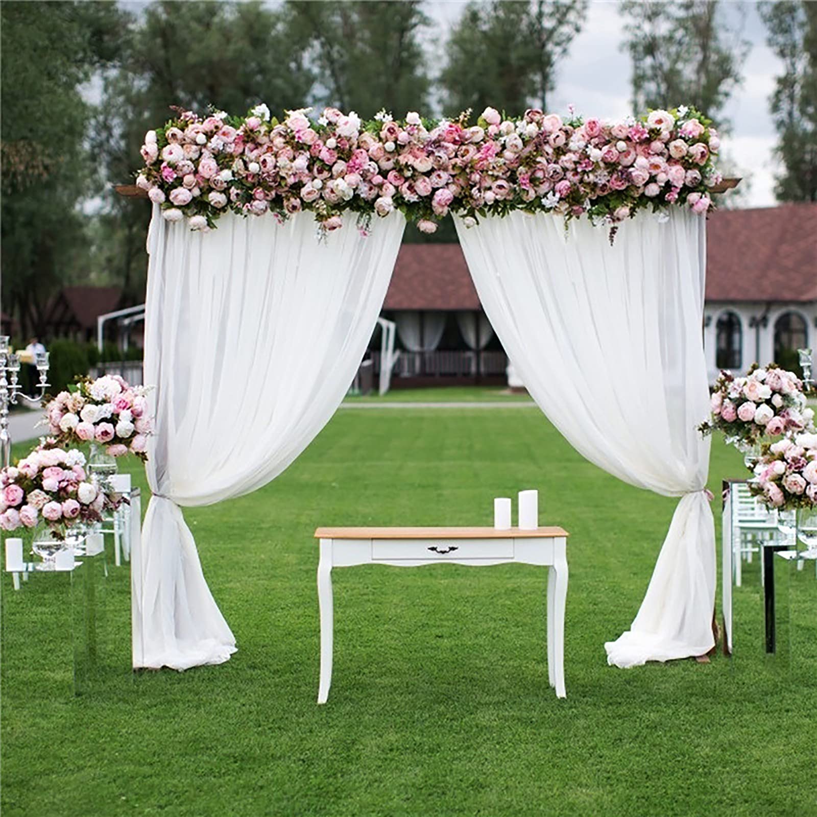 SMLJFO 5x7ft White Sheer Backdrop Curtain Voile Chiffon Fabric Drapery Wedding Arch Drapes Party Backdrop Curtain 2 Panels for Party Ceremony Stage Decoration