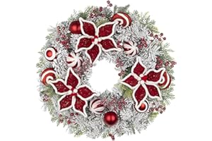 GNFLUS 24 inch Christmas Door Wreath, Poinsettia Wreaths for Front Door with Candy Cane Red and White Ball Berries for Fireplace Xmas Decorations, Wall Window Indoor Outdoor Holiday Decor