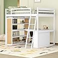 Full Loft Bed with Desk and 6 Storage Shelves, Wood Loft Beds Frame with Bookcase and Writing Board, Modern High Loft Bed for Kids Boys Girls Teens, Full Size, White
