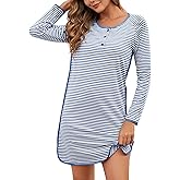 VibeVista Nightgowns for Women Soft Cotton Striped Sleepwear Sleep Shirts Long Sleeve Crew Neck House Dresses Night Gown