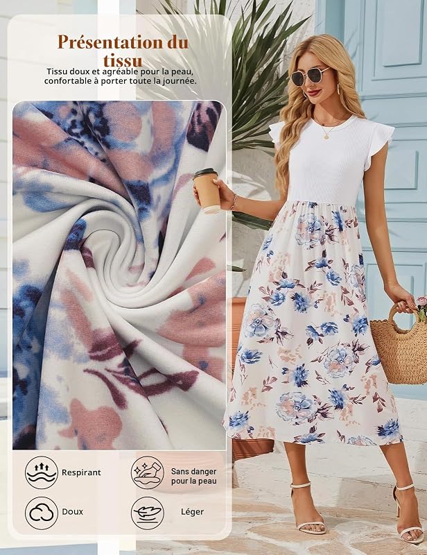 Robe Longue Femme Robe Été Elegant Haut Taille Col Rond Manches Courtes Robes Casual Plage Vacances Mariage Invitée Soiree avec Poches (Bleu Clair Floral, M)
