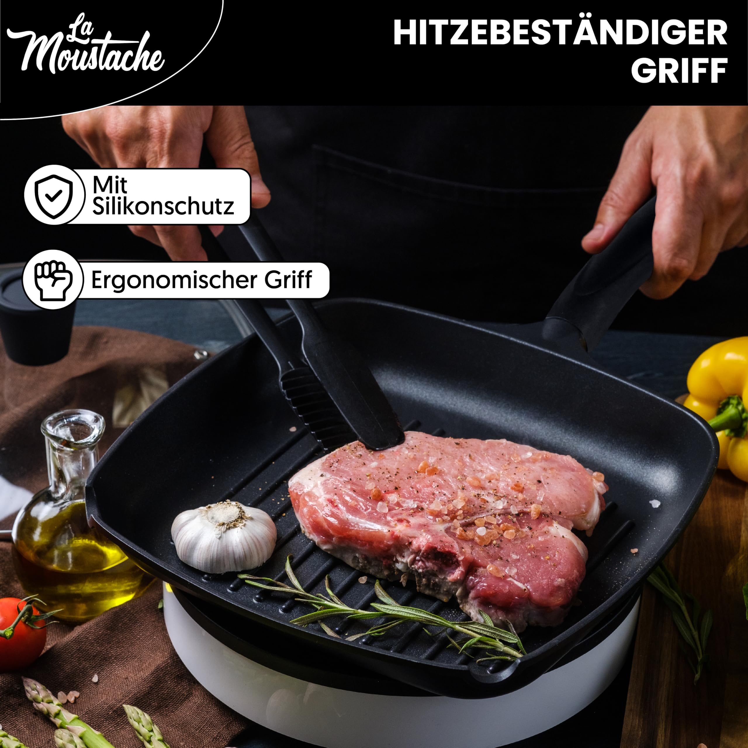 La Moustache - Grillpfanne 28 cm mit Glasdeckel, Quadratische Pfanne PFOA-Freie, Optimale Wärmeverteilung, Griddle Pan/Bratpfanne für Halogen, Gas, Elektro, Induktion, Ceran Kochfelder 4