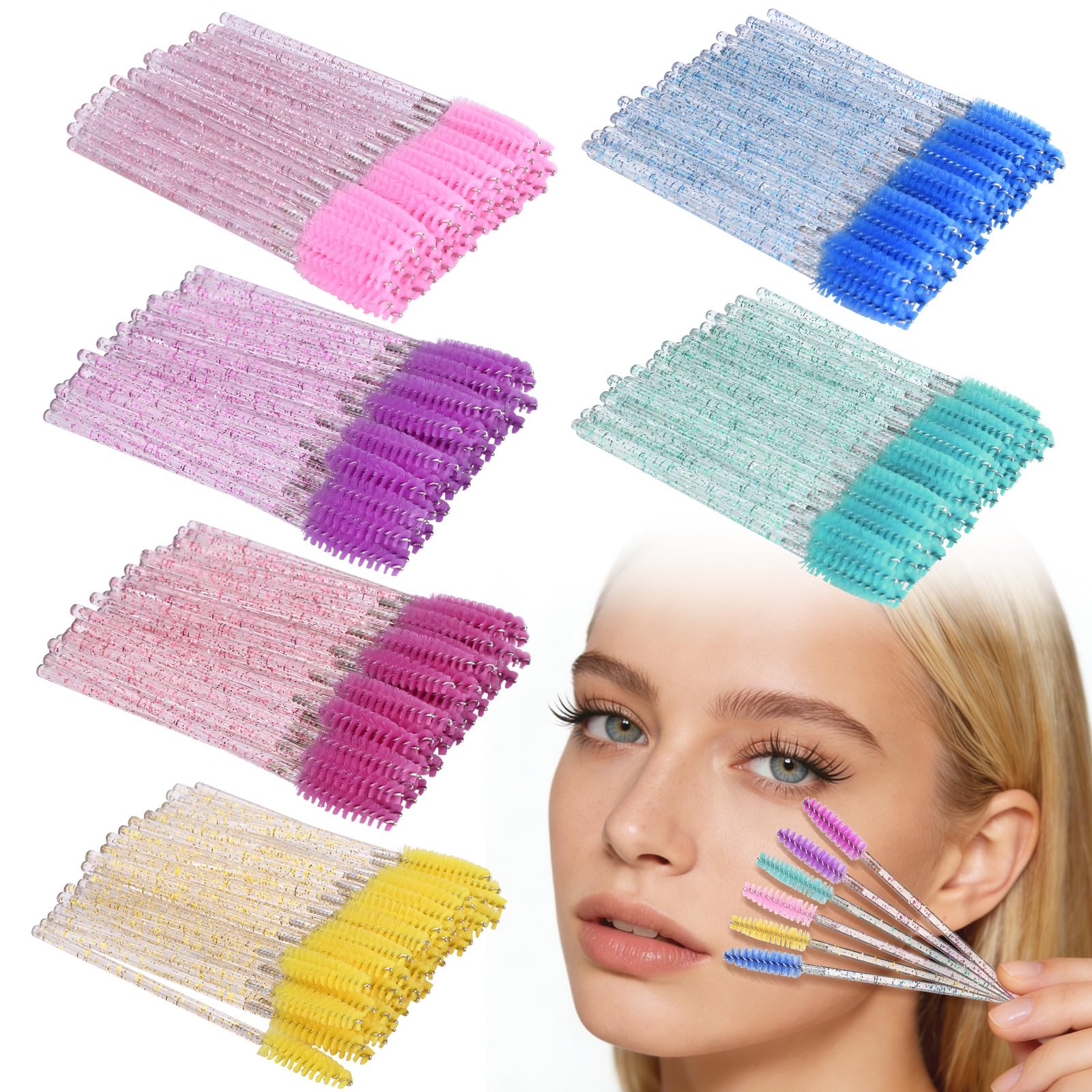 ATOMUS 300pcs Eyebrow Mascara Wands Disposable Eyelash Mascara Eyebrow Brushes Applicator 6 Colors Makeup Cosmetic Brush with Crystal Handle for Eyelash Extensions Mascara Use