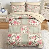 Nesker Comforter Set Queen Size, Floral Rose Leaves 7 Pcs Bedding for Kids and Adults, Shabby Chic Checkered Flower Bed Sheet Sets with Fitted Sheet 2 Pillowcases & 2 Shams