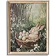 uniro Vintage Easter Rabbit Canvas Wall Art Print, Coloured Eggs and Bunny Painting, Farmhouse Home Decor for Bedroom Room Living Decor(8" x 10"-UNFRAMED)