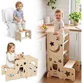 CraMAGI Toddler Standing Tower, 4-in-1 Kitchen Stool with Blackboard | Foldable Wooden Learning Tower for Kitchen Counter &amp; Bathroom Sink, Anti-Tip Design, for 1 to 3 Years Boys Girls