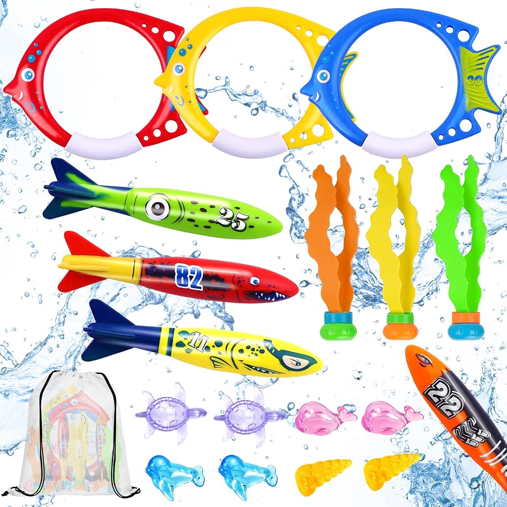 DTYDECLE 18pcs Diving Pool Toys Set: Rings Torpedoes Seaweed Gems