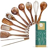 10 Pack Wooden Utensils for Cooking, Wood Utensil Set for Kitchen, Teak Wooden Spoon for Cooking, Non-Stick Spatula Ladle