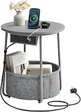 VASAGLE Round Side Table with Charging Station Dove Grey Slate Grey LET228G03