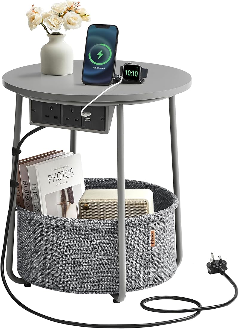 VASAGLE Round Side Table with Charging Station Dove Grey Slate Grey LET228G03