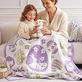 Amélie Home Easter Bunny and Eggs Chenille Knit Throw Blanket for Couch, Cozy Soft Spring Themed Blankets for Sofa, Bed, Gift, 50"x60", Purple/Green