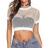 Avidlove Fishnet Crop Top for Women Y2K Short Sleeve See Through Shirt O Neck Pullover Blouse