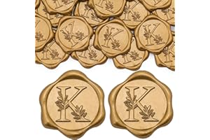 SWANGSA 50 Pack Letter K Wax Seal Stickers - Antique Gold Botanical Leaves Initial Alphabet Self-Adhesive for Wedding Party Invitation Envelopes