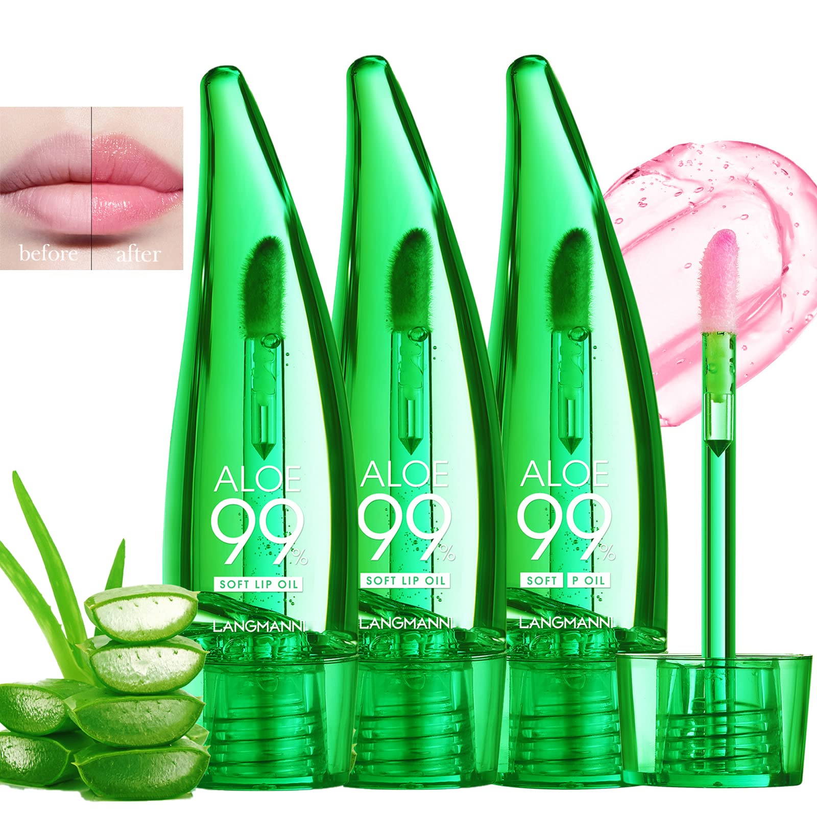 Mrettick 3PCS Aloe Vera Lip Gloss, Long Lasting Nutritious Lip Balm Moisturizing Aloe Vera Lip Oil for Lip Treatment and Dry Lips, Color Changing Lipstick Tinted Lip Balm Set (A)