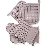 Qualissculina Oven Mitts and Pot Holders Set for Kitchen | 4 Pc Set| Heat Resistant Up to 500°F | Non-Slip Silicone Strips | Grey Kitchen Accessories | Includes 2 Hot Pads & 2 Cooking Mitts
