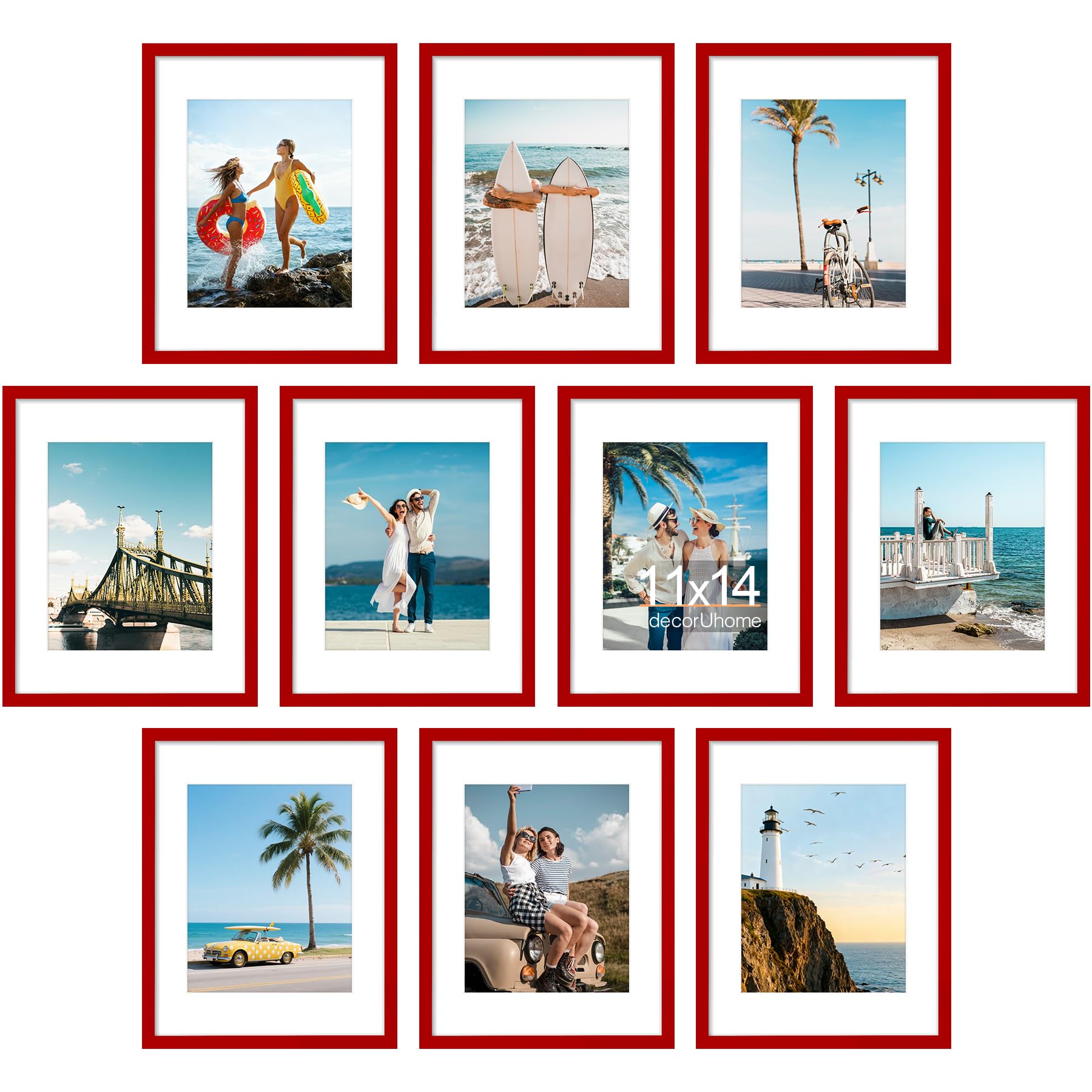 Photo 1 of *MINOR DAMAGE - USED*
decorUhome 11x14 Picture Frame Set of 10, Display Photos 8x10 with Mat or 11x14 Unmatted for Picture Frames Collage Wall Decor, Red