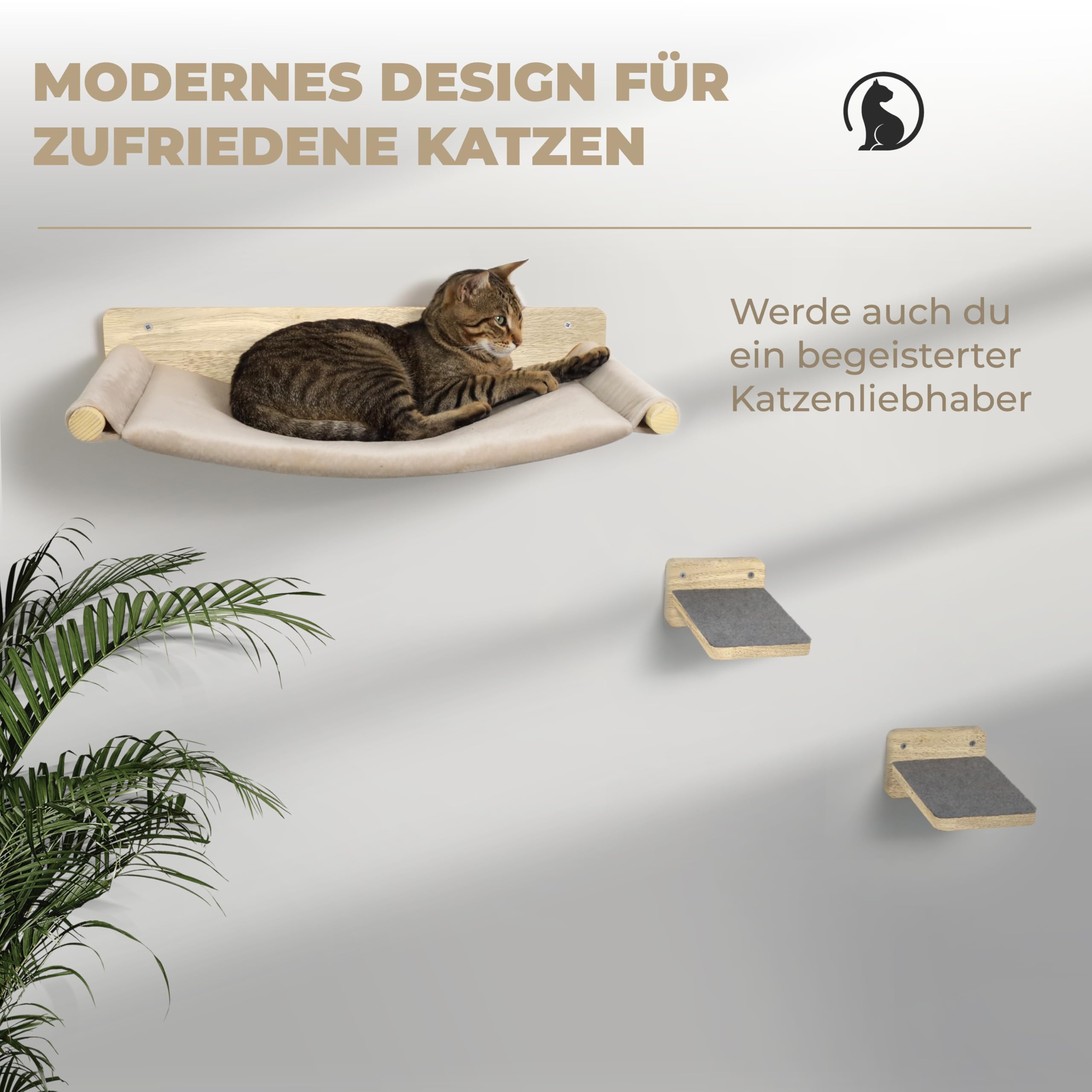WOOWOOD® Kletterwand Katzen Hängematte inkl. 2X Katzentreppe Wand [Vollholz] - Kratzbaum Wand - Hängematte Katze - Wandkratzbaum - Katzenmöbel - Katzenwand - Katzen Kletterwand Set 7