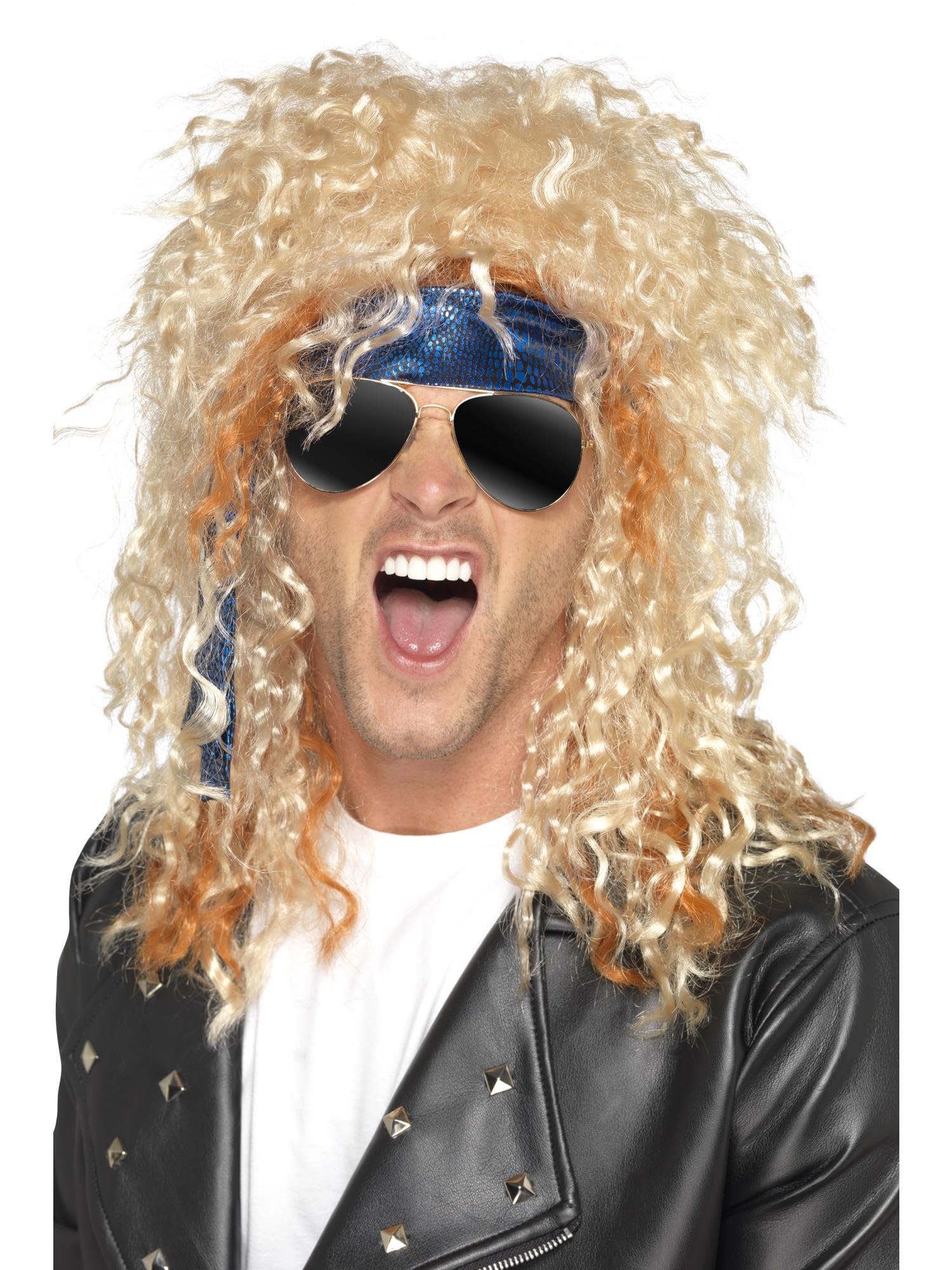 Smiffys Heavy Metal Rocker Kit, Blonde with Wig, Glasses & Bandana, 1980's Fancy Dress, 1980s Dress Up Wigs