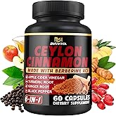 Ceylon Cinnamon Capsules with Berberine HCl, Apple Cider Vinegar, Turmeric, Ginseng, Black Pepper - 6in1 for Support Immune Function - 60 Count