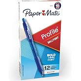 Paper Mate Profile Retractable Ballpoint Pens, Bold Point (1.4mm), Blue Ink, 12 Count - Writing, Office, Teacher Supplies
