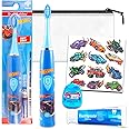 Hot Wheels Oral Care Traveling Kit for Kids - Bundle with Hot Wheels Electric Toothbrush, Toothpaste, Floss, Travel Bag, and More for Boys, Toddlers |v Toothbrush Set