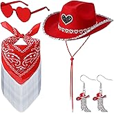 Zhamate 4 Pcs Rhinestone Cowboy Hat Set with Bandana Earring Heart-Shaped Sunglasses for Men Women Halloween Party Red