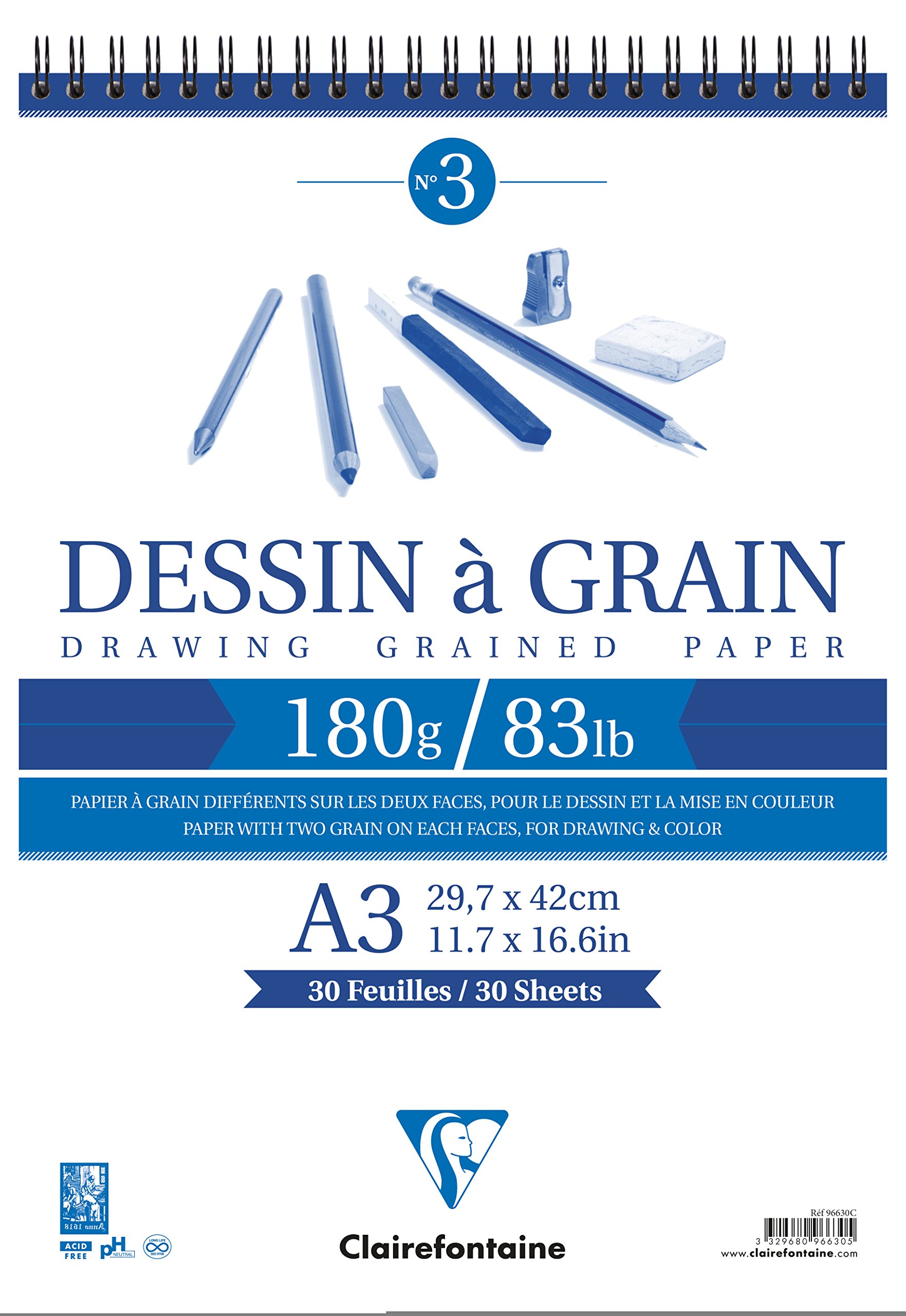 Clairefontaine - Ref 96630C - White Grained Drawing Wirebound Paper Pad (30 Sheets) - A3 Sized, 180gsm Paper, White & Grained Drawing Paper, Acid Free, pH Neutral