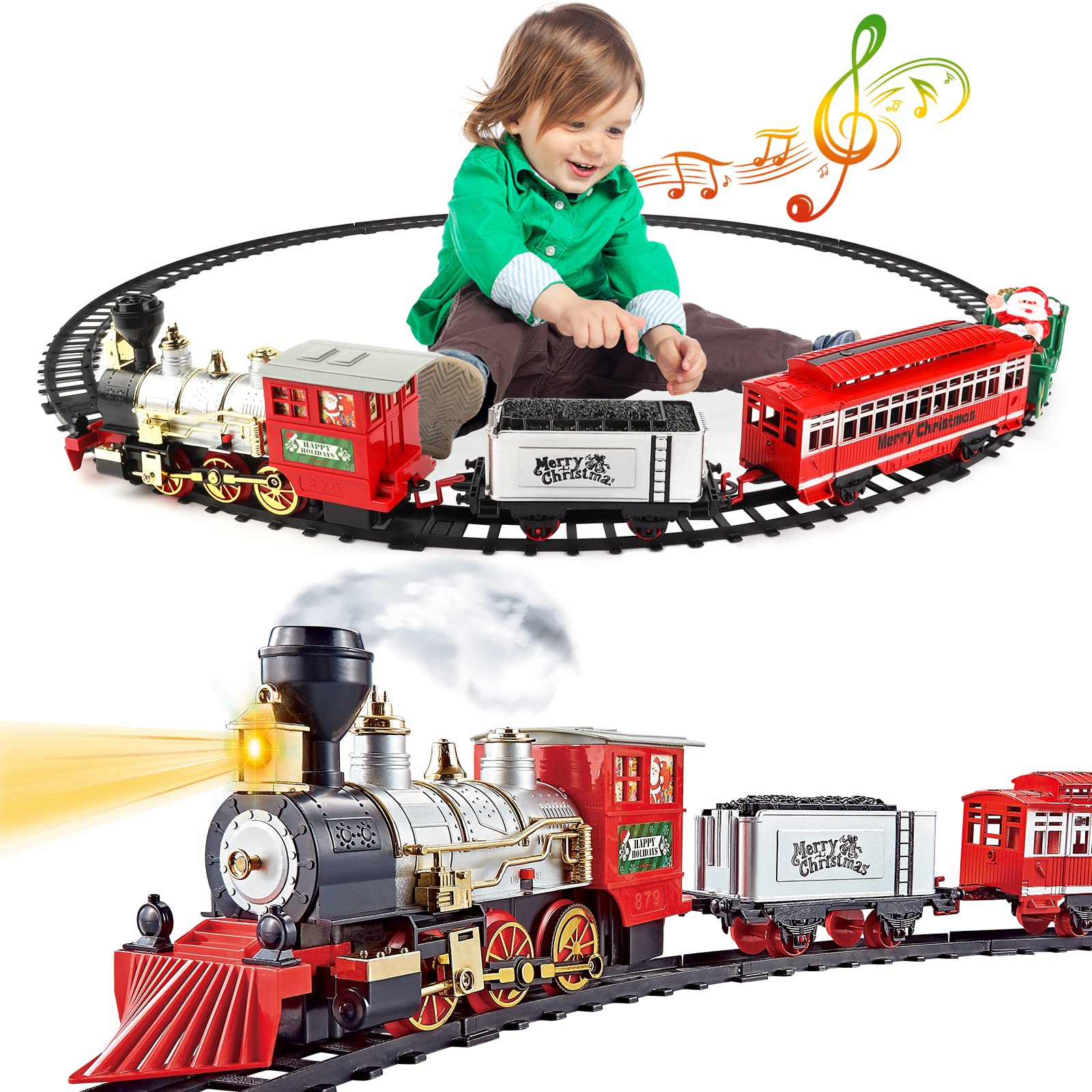 deAO Christmas Train Set with Light & Sounds, Smoke Effect, Christmas Tree Train Sets Around the Tree, Electric Train Toy Set for Kids Toys Train Under the Tree