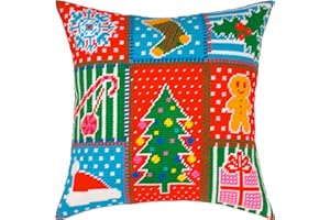 Brvsk Christmas Needlepoint Kit for Adults and Beginners — Patchwork 16″ × 16″ with Clear, Precise Printed Design on Cotton Canvas; Includes 2 Needles, Yarn, and Easy-Read Chart