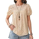 Falechay Womens Summer Tops Crewneck Short Sleeve Shirts Casual Babydoll Chiffon Blouses Eyelet Flowy Lace Hem Boho Clothing