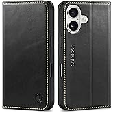 SHIELDON Case for iPhone 16 6.1" 2024, Genuine Leather Flip Wallet Case Magnetic RFID Blocking Card Holder Kickstand Shockproof TPU Protective Phone Cover Compatible with iPhone 16 - Retro Black