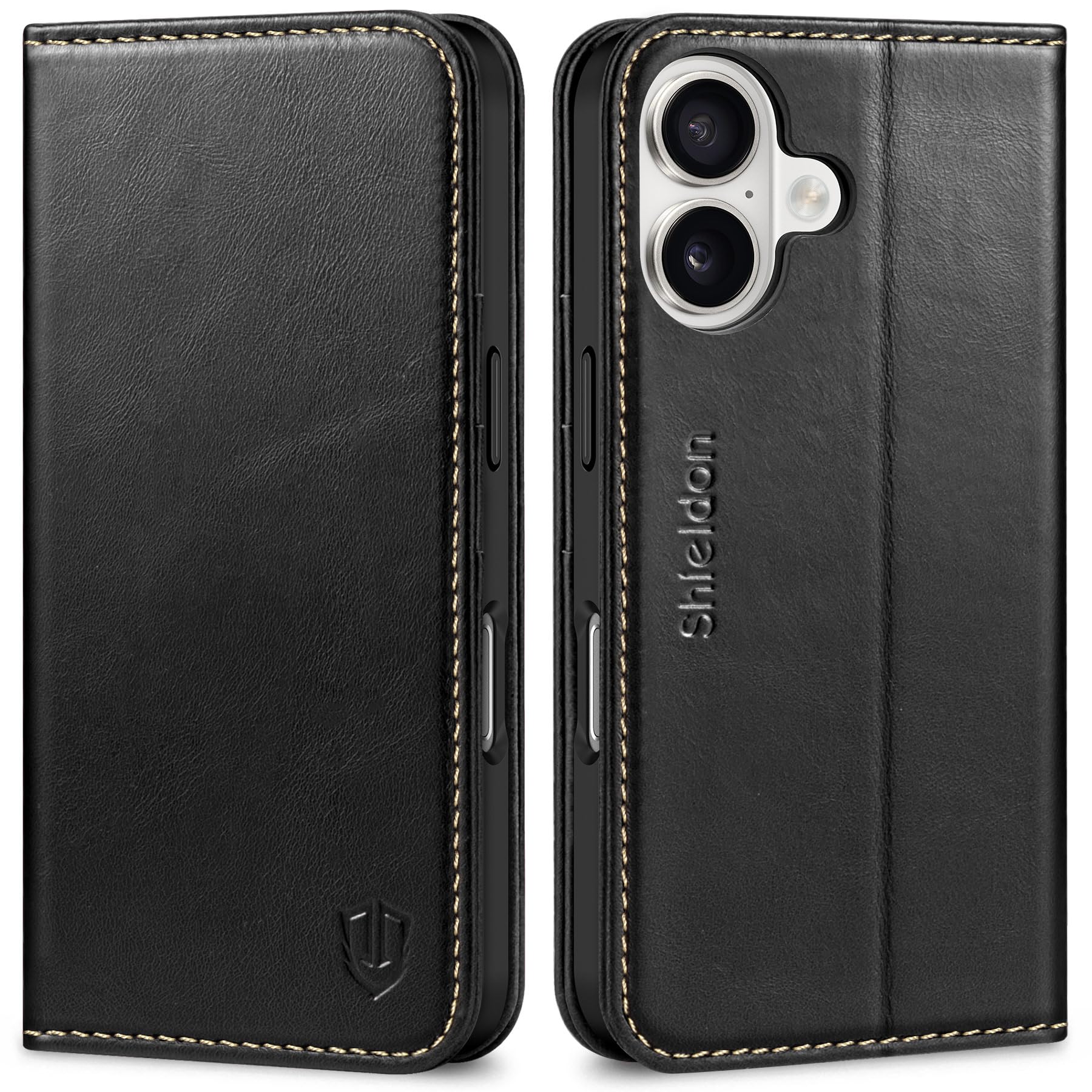 SHIELDON Case for iPhone 16 5G, Genuine Leather Wallet Folio with Card Holder [RFID Blocking][Kickstand][Shockproof TPU Inner Shell] Magnetic Folding Phone Case Compatible with iPhone 16 - Retro Black