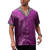 ODIZLI Men's 70s Disco Costume Sparkly Shirt Metallic Button Down Shirts Party Nightclub Shirt Short Sleeve