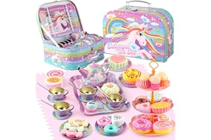 efubaby 47PCS Tea Party Set for Little Girls, Unicorn Tea Set Toys Including Teapot Cups Dessert Plates & Carrying Case, Kids Toys for Tea Party Supplies Kitchen Pretend Play for Girls Boys Age 3-12