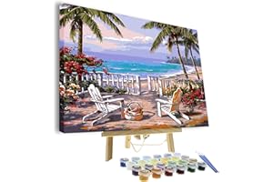 VIGEIYA DIY Paint by Numbers for Adults, Mother's Day Gift Include Framed Canvas and Wooden Easel with Brushes and Acrylic Pigment 16x20inch (Beach)